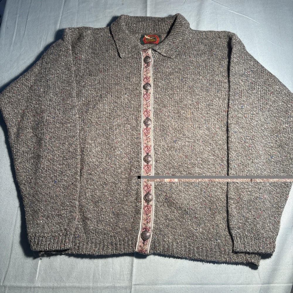 Alps Vintage Womens Cardigan Sweater L Brown Donegal Wool Floral Metal Buttons
